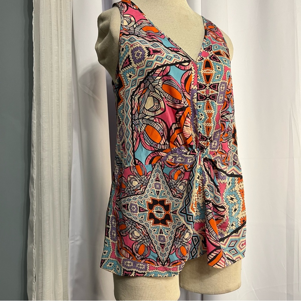 Leifnotes Anthropologie Tank Top Silk Blouse Geometric Multicolor Twist Knot 2